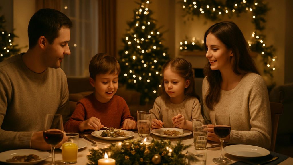 Famiglia con bambini in ambiente accogliente per Capodanno